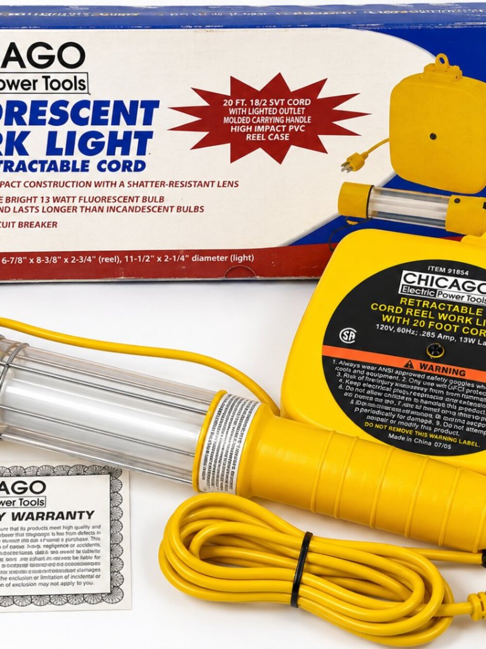 NEW Chicago Electric Retractable Cord Reel Fluorescent Work Light 20ft Box 70